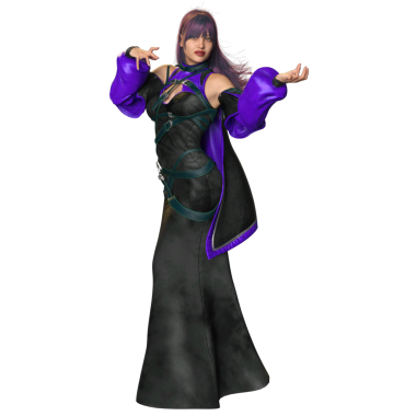 Üç boyutlu, siyah ve mor elbiseli ve şeffaf arkaplanda izole edilmiş bir şapkası olan kadın fantezi cadısı.