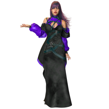 Üç boyutlu, siyah ve mor elbiseli ve şeffaf arkaplanda izole edilmiş bir şapkası olan kadın fantezi cadısı.
