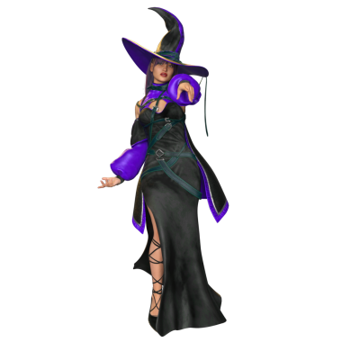 Üç boyutlu, siyah ve mor elbiseli ve şeffaf arkaplanda izole edilmiş bir şapkası olan kadın fantezi cadısı.