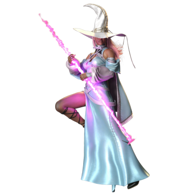 3D, saydam arka planda izole edilmiş parlak bir cadı olarak fantezi kadın karakter