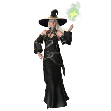 Üç boyutlu fantezi kadın karakteri siyah fantezi elbisesi ve şeffaf arka planda izole edilmiş büyük siyah şapkası olan bir cadı.
