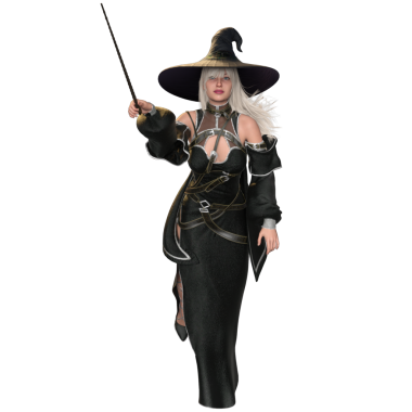 Üç boyutlu fantezi kadın karakteri siyah fantezi elbisesi ve şeffaf arka planda izole edilmiş büyük siyah şapkası olan bir cadı.