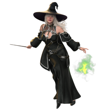 Üç boyutlu fantezi kadın karakteri siyah fantezi elbisesi ve şeffaf arka planda izole edilmiş büyük siyah şapkası olan bir cadı.