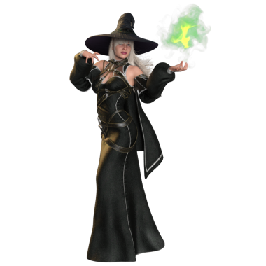 Üç boyutlu fantezi kadın karakteri siyah fantezi elbisesi ve şeffaf arka planda izole edilmiş büyük siyah şapkası olan bir cadı.