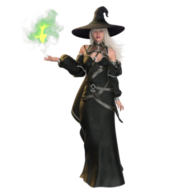 Üç boyutlu fantezi kadın karakteri siyah fantezi elbisesi ve şeffaf arka planda izole edilmiş büyük siyah şapkası olan bir cadı.