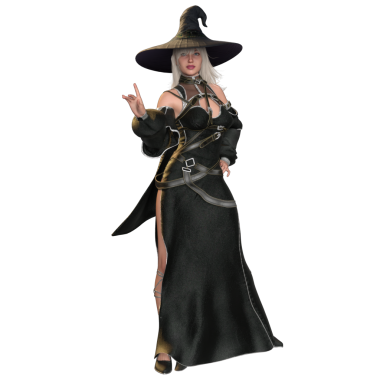 Üç boyutlu fantezi kadın karakteri siyah fantezi elbisesi ve şeffaf arka planda izole edilmiş büyük siyah şapkası olan bir cadı.