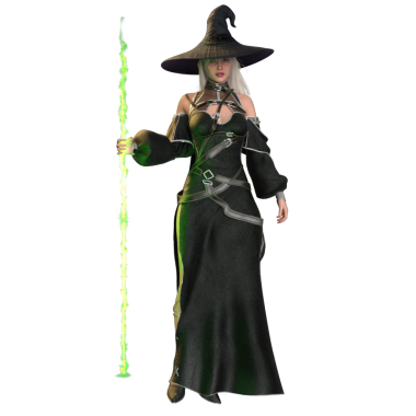 Üç boyutlu fantezi kadın karakteri siyah fantezi elbisesi ve şeffaf arka planda izole edilmiş büyük siyah şapkası olan bir cadı.