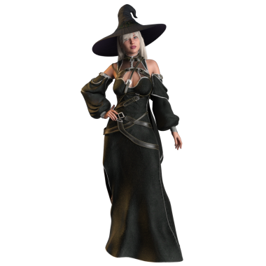 Üç boyutlu fantezi kadın karakteri siyah fantezi elbisesi ve şeffaf arka planda izole edilmiş büyük siyah şapkası olan bir cadı.