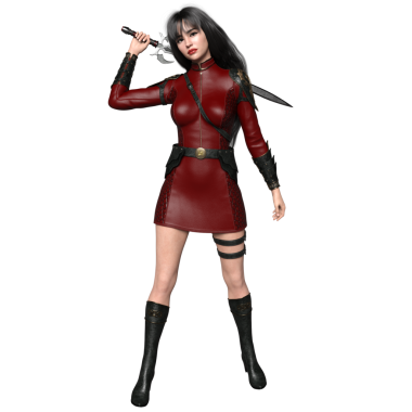 3 boyutlu, şeffaf arka planda izole edilmiş kırmızı deri bir elbisesi olan kadın fantezi karakteri.