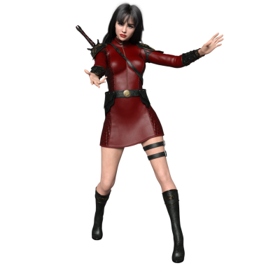 3 boyutlu, şeffaf arka planda izole edilmiş kırmızı deri bir elbisesi olan kadın fantezi karakteri.