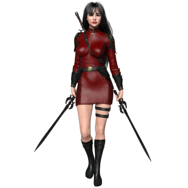 Üç boyutlu, şeffaf arka planda iki kılıç tutan mini deri elbiseli bir kadın fantezi karakteri.