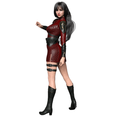 3 boyutlu, şeffaf arka planda izole edilmiş kırmızı deri bir elbisesi olan kadın fantezi karakteri.