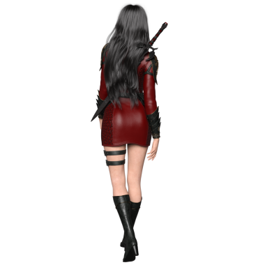 3 boyutlu, kırmızı mini elbisesi ve sırtı olan bir kılıcı olan bir kadın fantezi karakteri şeffaf arka planda izole edilmiş kameraya döndü.