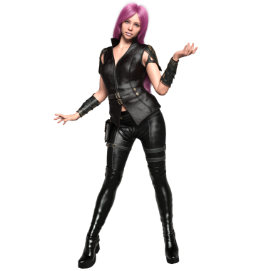 Üç boyutlu, siyah deri takım elbiseli, şeffaf arka planda uzun pembe saçlı kadın fantezi karakteri.