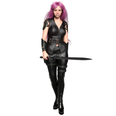 Deri elbiseli, kılıçlı ve şeffaf arkaplanda uzun pembe saçlı 3 boyutlu kadın fantezi karakteri.