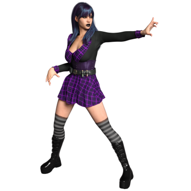 3 boyutlu, şeffaf arkaplanda mor mini elbisesi olan rahat bir cadı karakteri.