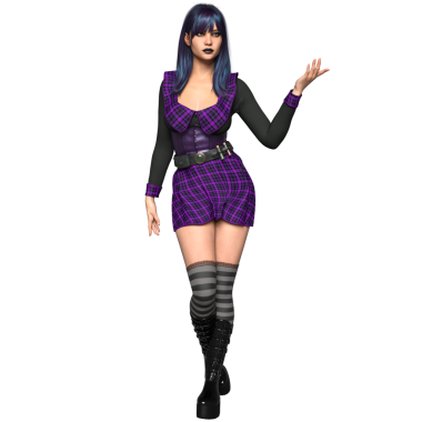 3 boyutlu, şeffaf arkaplanda mor mini elbisesi olan rahat bir cadı karakteri.