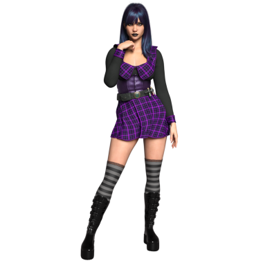 3 boyutlu, şeffaf arkaplanda mor mini elbisesi olan rahat bir cadı karakteri.