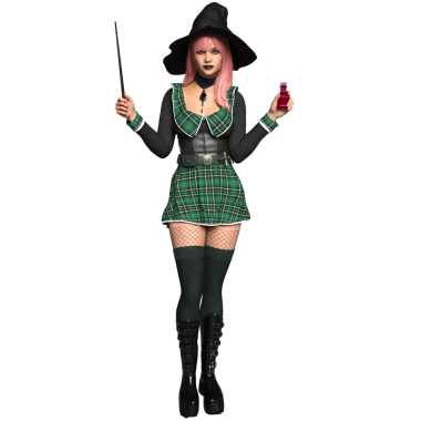 Şeffaf arkaplanda pembe saçlı ve mini etekli 3 boyutlu rahat bir cadı.