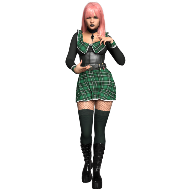 Şeffaf arkaplanda pembe saçlı ve mini etekli 3 boyutlu rahat bir cadı.