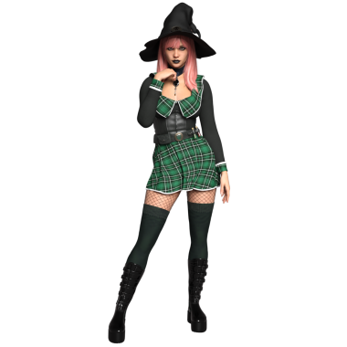 Şeffaf arkaplanda pembe saçlı ve mini etekli 3 boyutlu rahat bir cadı.