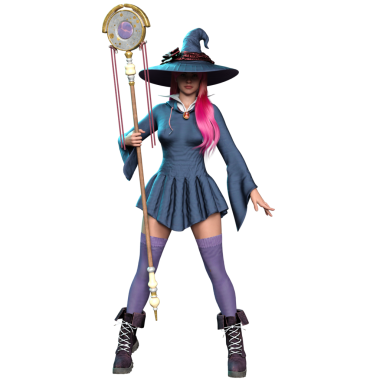 Pembe saçlı ve şeffaf arka planda izole edilmiş büyük cadı şapkalı renkli bir cadı.