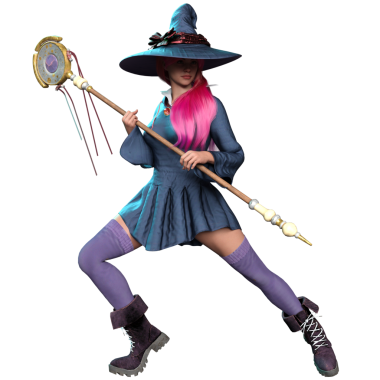 Pembe saçlı ve şeffaf arka planda izole edilmiş büyük cadı şapkalı renkli bir cadı.