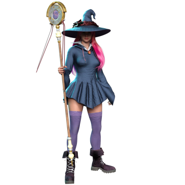 Pembe saçlı ve şeffaf arka planda izole edilmiş büyük cadı şapkalı renkli bir cadı.