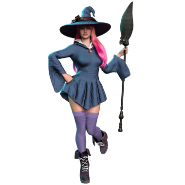 Pembe saçlı ve şeffaf arka planda izole edilmiş büyük cadı şapkalı renkli bir cadı.