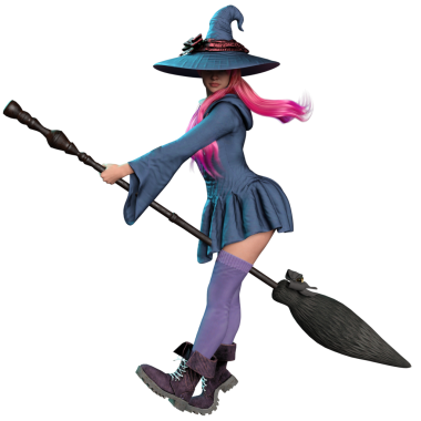 Pembe saçlı ve şeffaf arka planda izole edilmiş büyük cadı şapkalı renkli bir cadı.