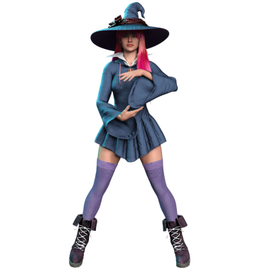 Pembe saçlı ve şeffaf arka planda izole edilmiş büyük cadı şapkalı renkli bir cadı.