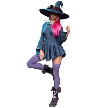 Pembe saçlı ve şeffaf arka planda izole edilmiş büyük cadı şapkalı renkli bir cadı.