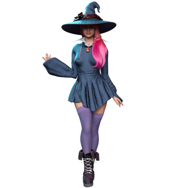 Pembe saçlı ve şeffaf arka planda izole edilmiş büyük cadı şapkalı renkli bir cadı.