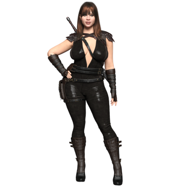 3D kadın fantezi ortaçağ suikastçısı şeffaf arka planda izole edilmiş.