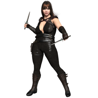 3D kadın fantezi ortaçağ suikastçısı şeffaf arka planda izole edilmiş.