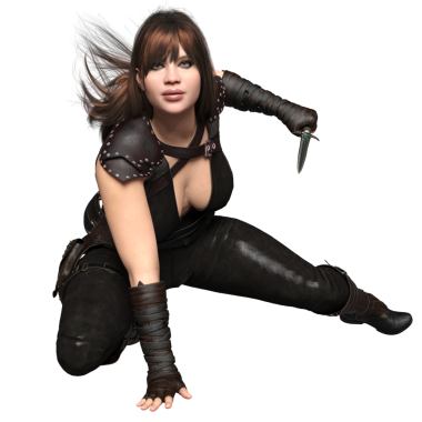 3D kadın fantezi ortaçağ suikastçısı şeffaf arka planda izole edilmiş.