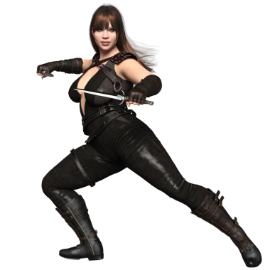 3D kadın fantezi ortaçağ suikastçısı şeffaf arka planda izole edilmiş.