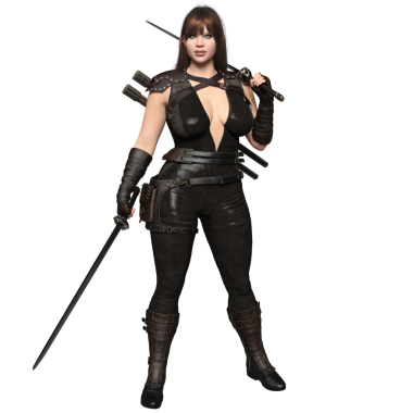 3D kadın fantezi ortaçağ suikastçısı şeffaf arka planda izole edilmiş.