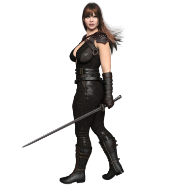 3D kadın fantezi ortaçağ suikastçısı şeffaf arka planda izole edilmiş.