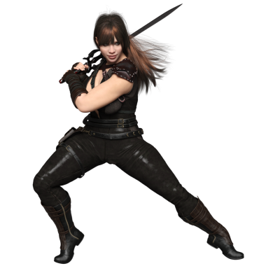 3D kadın fantezi ortaçağ suikastçısı şeffaf arka planda izole edilmiş.