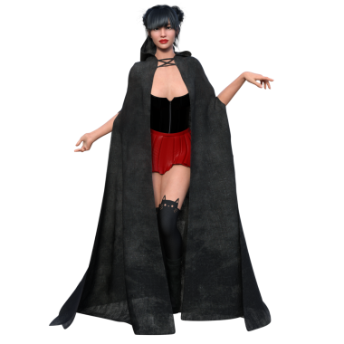 Şeffaf arkaplanda koyu renk pelerinli 3 boyutlu bir fantezi cadısı.