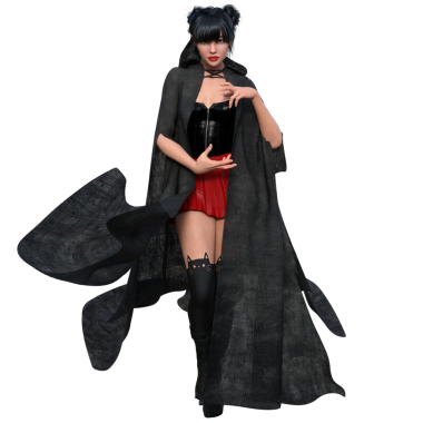 Şeffaf arkaplanda koyu renk pelerinli 3 boyutlu bir fantezi cadısı.