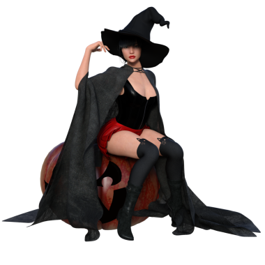 Şeffaf arkaplanda izole edilmiş kırmızı bir balkabağı üzerinde 3D yapılmış rahat cadı. 