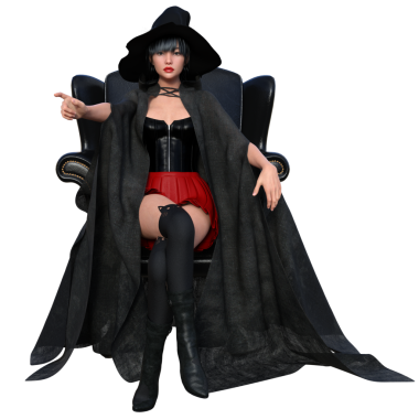 Üç boyutlu cadı şeffaf arka planda izole edilmiş bir tahtta oturuyor.