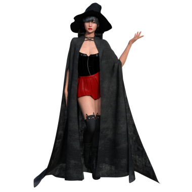 Şeffaf arkaplanda koyu renk pelerinli 3 boyutlu bir fantezi cadısı.