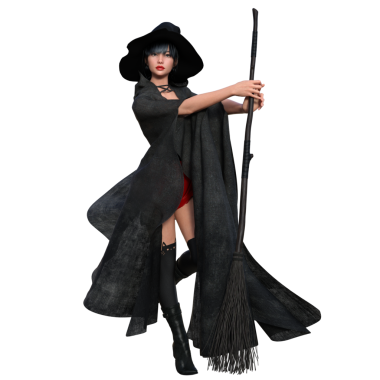 Şeffaf arkaplanda izole edilmiş süpürgesi olan 3 boyutlu rahat bir cadı.