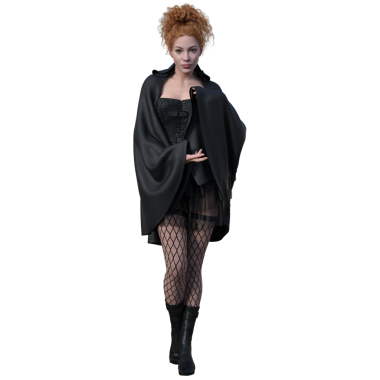 Şeffaf arkaplanda koyu renk pelerinli 3 boyutlu bir fantezi cadısı.