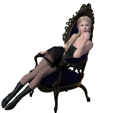 Şeffaf arka planda izole edilmiş bir rococo sandalyesinde oturan 3 boyutlu cadı.