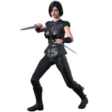 3D, ortaçağ fantezi kadın karakteri. Saydam arka planda izole edilmiş hançerleri var.