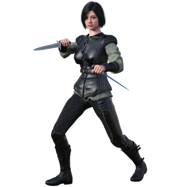 3D, ortaçağ fantezi kadın karakteri. Saydam arka planda izole edilmiş hançerleri var.